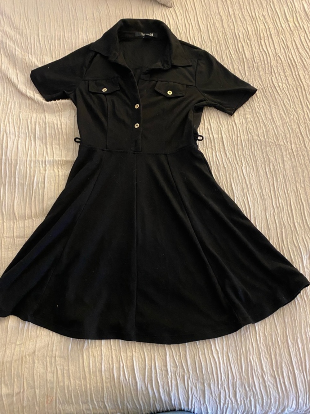 Forever 21 Black Short-Sleeve Button-Front Fit & Flare Mini Dress